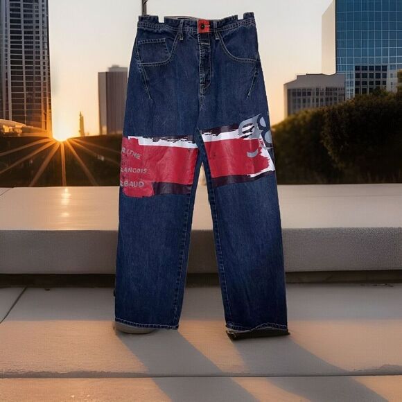 Marithe‎ Francois Girbaud Jeans Men 32 Red Graphic Mallgoth Skater Raver Vtg Y2K - Picture 1 of 16